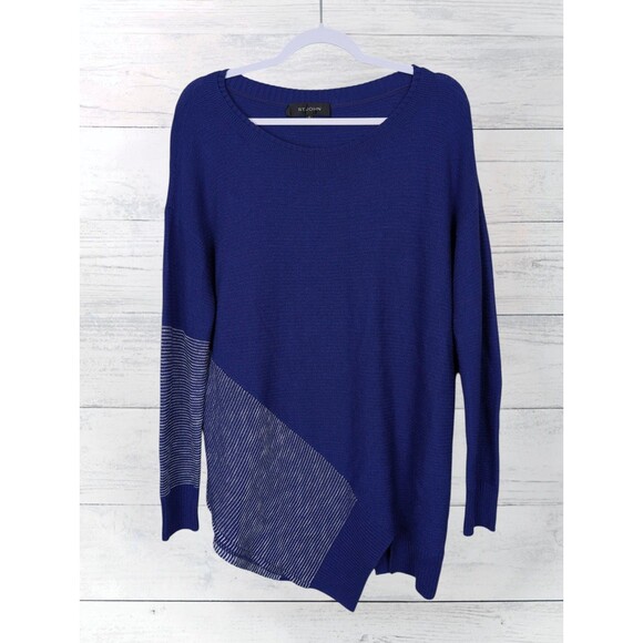 St. John Indigo Stripe Links Knit Asymmetrical Sweater Silk Wool Cashmere- M - Picture 4 of 10